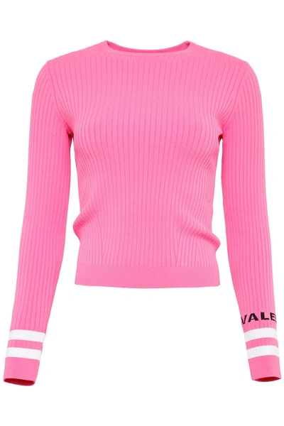 Shop Valentino Ribbed Logo Cuff Top In Pink