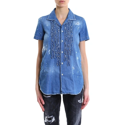 Shop Dsquared2 Ruffled Short Sleeve Denim Shirt In Blue