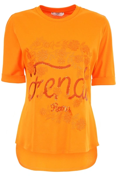 Shop Fendi Embroidered Floral Logo T In Orange