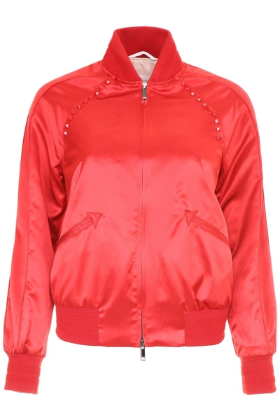 Shop Valentino Rockstud Bomber Jacket In Red