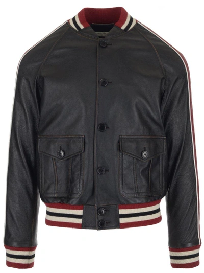 Shop Saint Laurent Teddy Striped Leather Bomber Jacket In Black