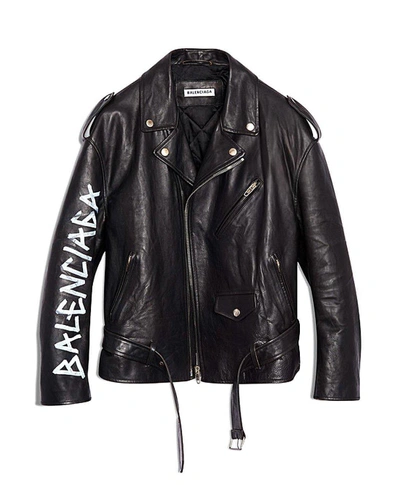 Shop Balenciaga Logo Graffiti Biker Jacket In Black