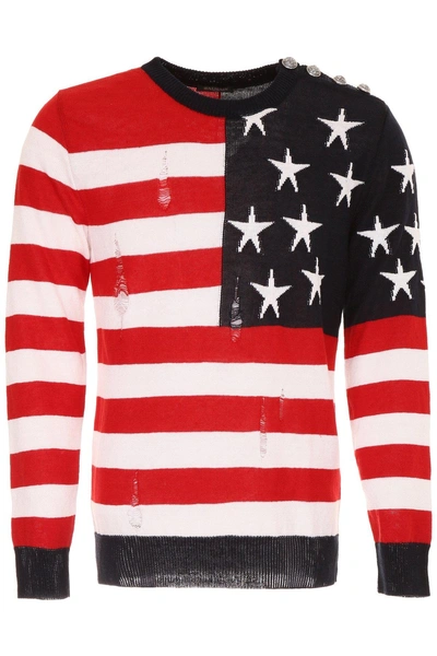 Shop Balmain Distressed Usa Flag Knit Sweater In Red
