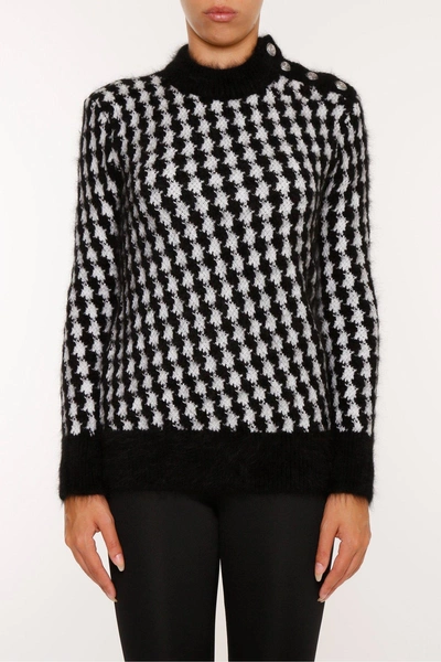Shop Balmain Houndstooth Knit Sweater In Black