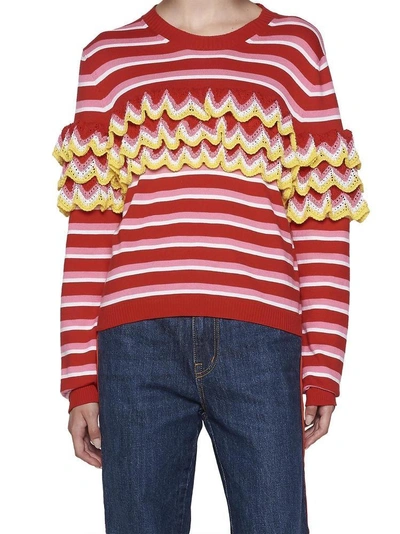 Shop Msgm Striped Ruffle Sweater In Multi