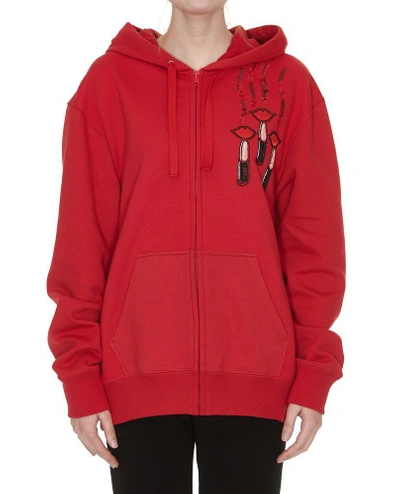Shop Valentino Lipstick Embroidered Zip Up Hoodie In Red