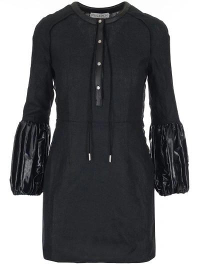 Shop Jw Anderson Leather Puffed Sleeve Dress In Black
