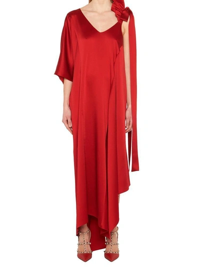 Shop Valentino Shoulder Tie Asymmetric Dress In Red