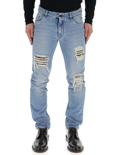 Shop Fendi Distressed Slim Fit Jeans In Blue