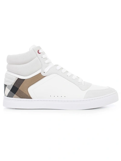 Shop Burberry Check Paneled Hi-top Sneakers In White