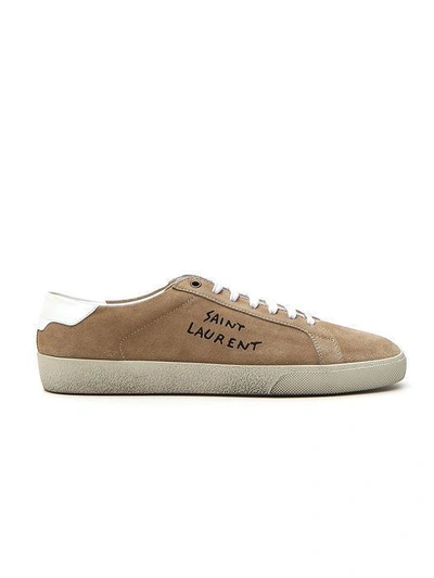 Shop Saint Laurent Embroidered Logo Suede Sneakers In Brown