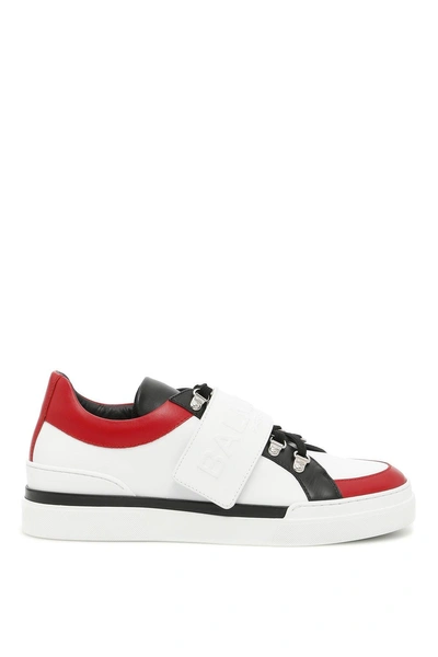 Shop Balmain Logo Strap Sneakers In White Red