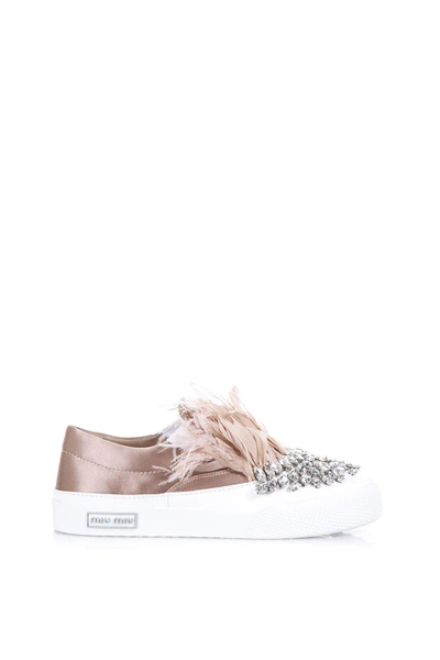 Shop Miu Miu Feather Embellished Sneakers In Pink