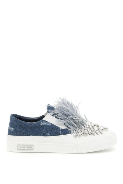 Shop Miu Miu Crystal And Feather Embellished Slip On Sneakers In Blue