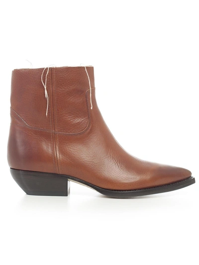 Shop Saint Laurent Leather Pointed Ankle Boots In Brown
