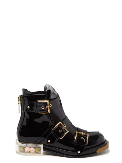 Shop Alexander Mcqueen Patent Leather Buckled Boots In Black