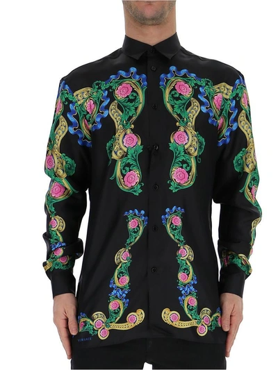 Shop Versace Floral Print Silk Shirt In Black