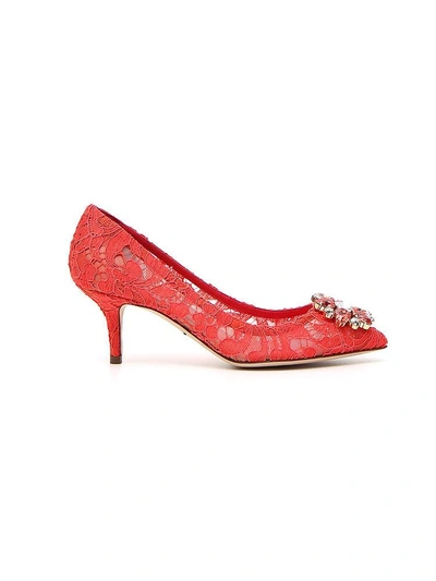 Shop Dolce & Gabbana Bellucci Embellished Lace Pumps In Red