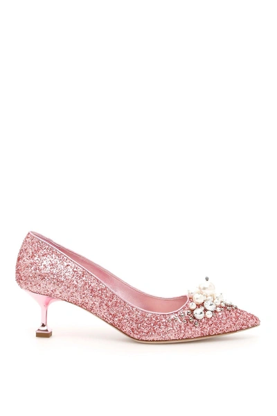 Shop Miu Miu Glitter Embellished Pumps In Pink