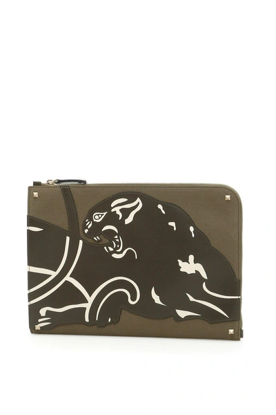 Shop Valentino Panther Motif Document Case In Green