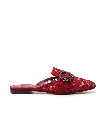 Shop Dolce & Gabbana Lace Embellished Buckle Slippers In Red