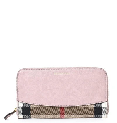 Shop Burberry House Check And Leather Zip Around Wallet In Pink