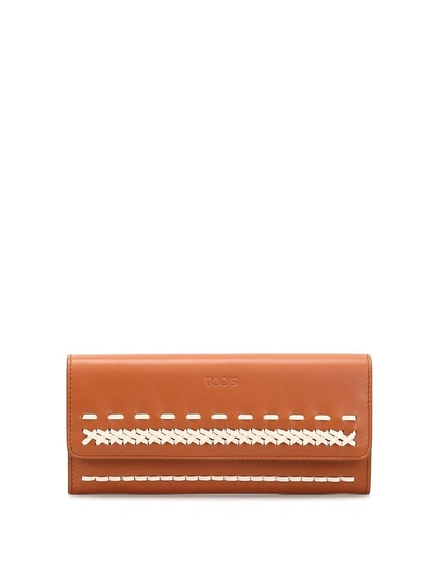 Shop Tod's Braided Detail Flap Leather Wallet In Brown