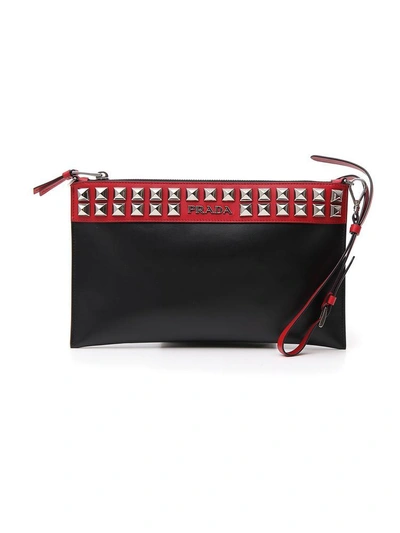 Shop Prada Studded Clutch In Black