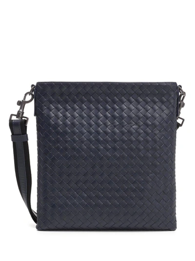 Shop Bottega Veneta Woven Leather Messenger Bag In Navy