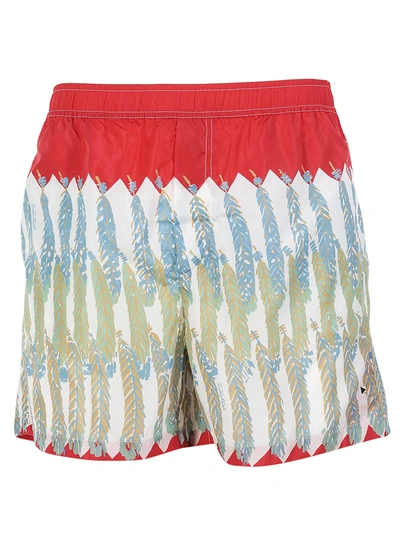 Shop Valentino Feather Print Swimming Shorts In Red/ Stone