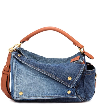 Shop Loewe Puzzle Denim Shoulder Bag In Blue