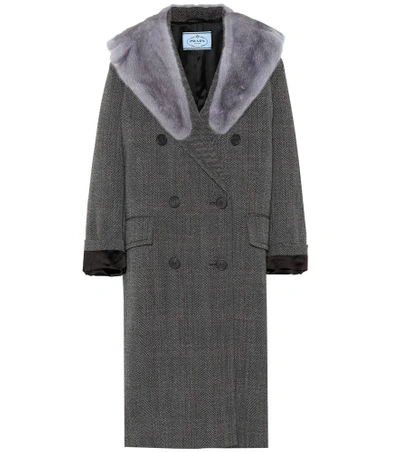 Shop Prada Fur-trimmed Wool Coat In Grey