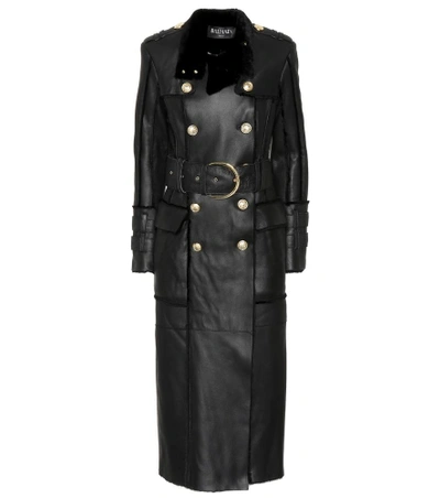 Shop Balmain Shearling-trimmed Leather Coat In Black