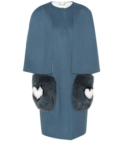 Shop Fendi Fur-trimmed Wool Coat In Blue