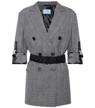 Shop Prada Belted Checked Wool Blazer In Grey