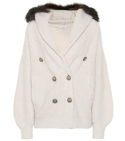 Shop Brunello Cucinelli Fur-trimmed Cashmere Cardigan In Beige