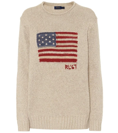 Shop Polo Ralph Lauren Flag Cotton And Linen-blend Sweater In Beige