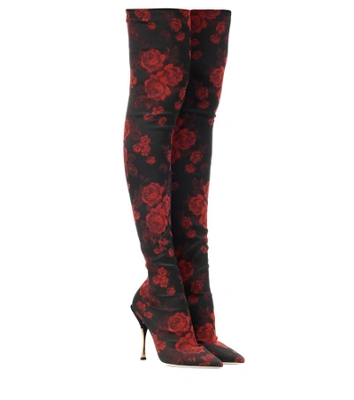 Shop Dolce & Gabbana Floral-printed Over-the-knee Boots In Red