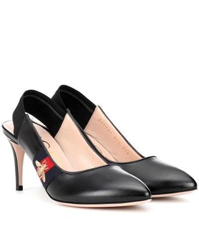 Shop Gucci Embroidered Leather Pumps In Black