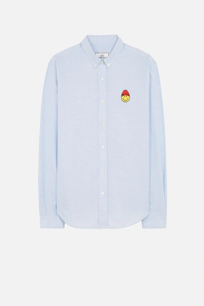 Shop Ami Alexandre Mattiussi Button-down Smiley Patch Shirt In Blue