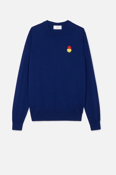 Shop Ami Alexandre Mattiussi Crewneck Sweater Smiley Chest Embroidery In Blue