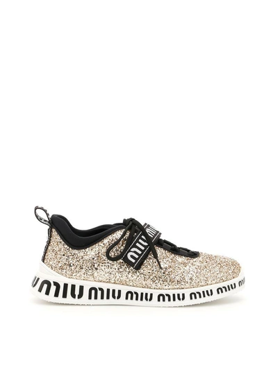 Shop Miu Miu Logo Glitter Sneakers In Pirite