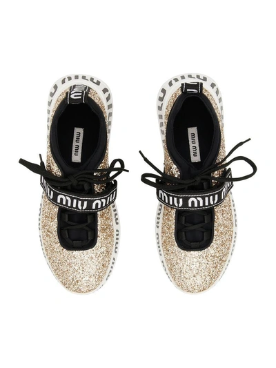 Shop Miu Miu Logo Glitter Sneakers In Pirite