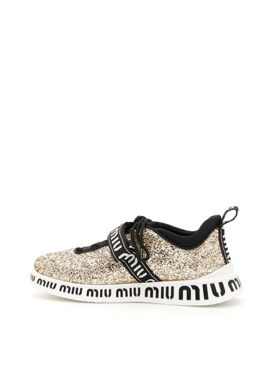 Shop Miu Miu Logo Glitter Sneakers In Pirite