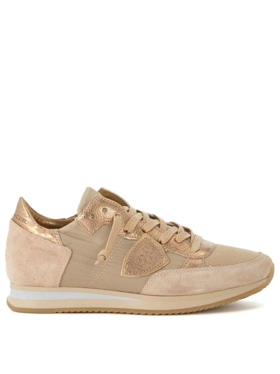 Shop Philippe Model Tropez Sneaker In Beige And Bronze Suede And Fabric.