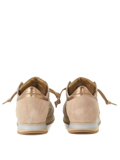 Shop Philippe Model Tropez Sneaker In Beige And Bronze Suede And Fabric.