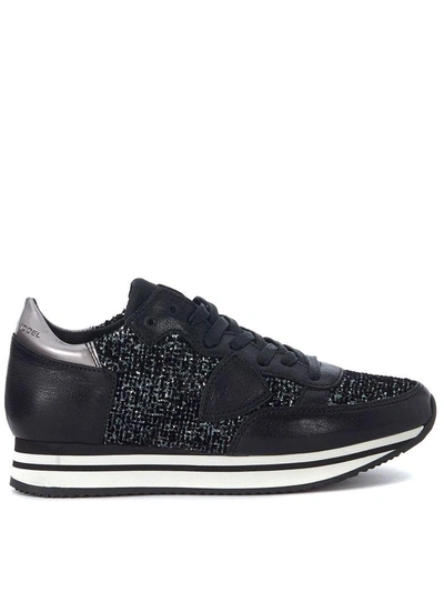 Shop Philippe Model Tropez Black Canvas Sneaker With Glitter In Nero
