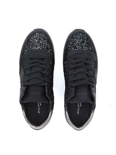 Shop Philippe Model Tropez Black Canvas Sneaker With Glitter In Nero