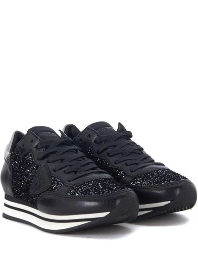 Shop Philippe Model Tropez Black Canvas Sneaker With Glitter In Nero