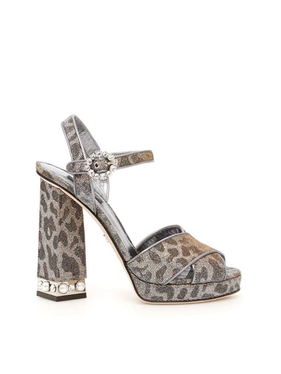 Shop Dolce & Gabbana Leopard Print Lurex Keira Sandals In Oro Argento (silver)